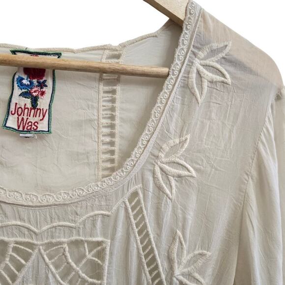 Johnny Was Women Ivory Sheer Floral Embroidered Dress S Boho Silky Peasant Fairy - Picture 6 of 12